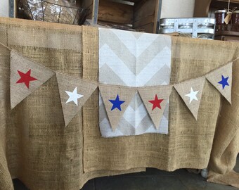 STARS Burlap Banner,Triangle Flags, Bunting, Garland, Pennant, Photo Prop, Weddings, Home Decor, Patriotic, Red, White and Blue, 4th of July