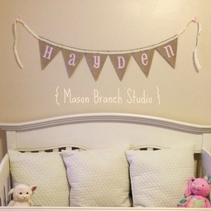 BABY NAME and Lace Burlap Banner, Bunting, Garland, Pennant, Photo Prop, Baby Decor, Nursery Decor, Home Decor