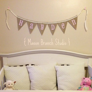 BABY NAME and Lace Burlap Banner, Bunting, Garland, Pennant, Photo Prop, Baby Decor, Nursery Decor, Home Decor image 1