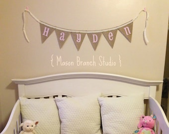 BABY NAME and Lace Burlap Banner, Bunting, Garland, Pennant, Photo Prop, Baby Decor, Nursery Decor, Home Decor
