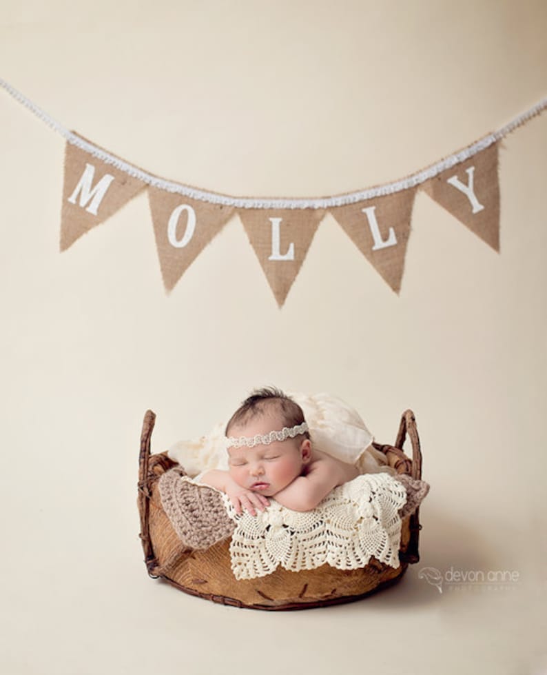 BABY NAME and Lace Burlap Banner, Bunting, Garland, Pennant, Photo Prop, Baby Decor, Nursery Decor, Home Decor image 2