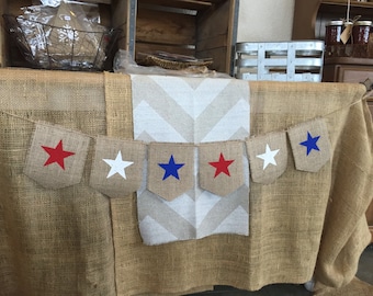 STARS Burlap Banner, Home Plate Flags, Bunting, Garland, Pennant, Photo Prop, Weddings, Home Decor, Patriotic, Red White & Blue, 4th of July