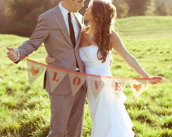 LOVE and LACE Burlap Banner, Bunting, Garland, Pennant, Photo Prop, Wedding Decor, Home Decor