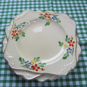 Vintage Crown Ducal ware, 1920&#39;s, set of 4 hand-painted square tea plates, made in England