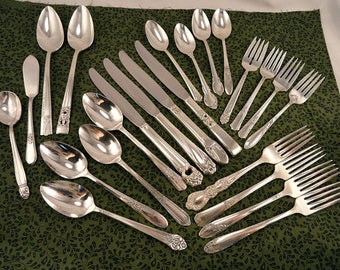 Silverplate Silverware Service for 4 With Serving Spoons Master Butter and Sugar Spoon Vintage Flatware Farmhouse Floral & Art Deco Mixed