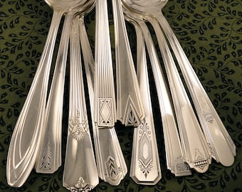 Art Deco Serving Spoons Geometric Deco Patterns Vintage Silverplate Silverware 1847 Rogers Bros Oneida Community Plate Tudor Gorham Silver