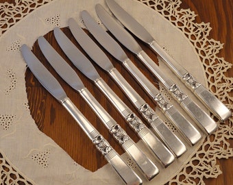 6 Morning Star Grille Viande Style Dinner Knives Vintage 1948 Oneida Community Silverplate Flatware Silverware Silver Plate