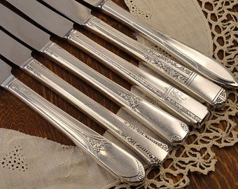 Silverplate Dinner Knives MisMatched Vintage Silver Plate Long Handled Grille Viande Style Knife Sets Art Deco French Blades D