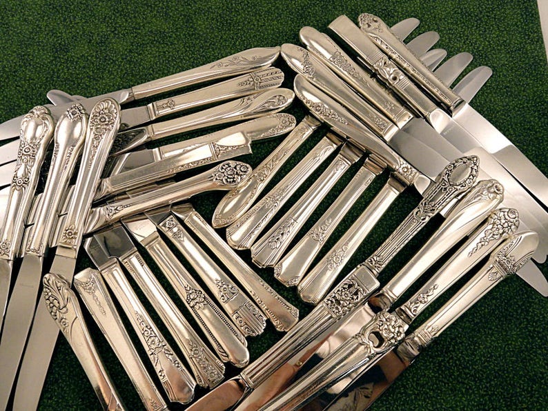 Silverplate Dinner Knives Vintage MisMatched Silverware Flatware Floral Art Deco Antique 画像 1