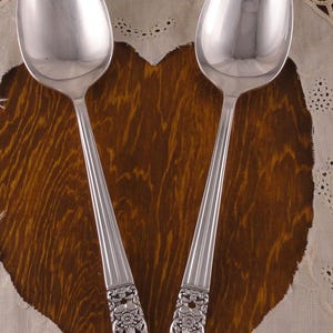 CORONATION Pair Serving Spoons Large Art Deco Tablespoons Oneida Community Silver Plate Vintage 1936 Silverplate Flatware