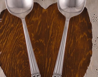 CORONATION Pair Serving Spoons Large Art Deco Tablespoons Oneida Community Silver Plate Vintage 1936 Silverplate Flatware