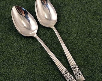 CORONATION Pair Serving Spoons Large Art Deco Tablespoons Oneida Community Silver Plate Vintage 1936 Silverplate Flatware