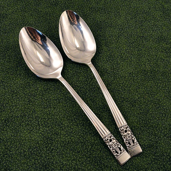 CORONATION Pair Serving Spoons Large Art Deco Tablespoons Oneida Community Silver Plate Vintage 1936 Silverplate Flatware