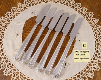 Silverplate Dinner Knives MisMatched Vintage Silver Plate Long Handled Grille Viande Style Knife Sets Art Deco French Blades C