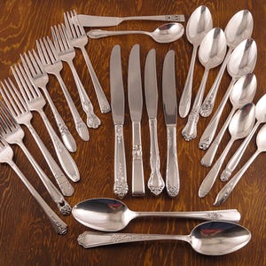 Silverplate Place Settings Silverware Service for 4 With Serving Set Master Butter Sugar Spoon Vintage Flatware Farmhouse Floral & Art Deco