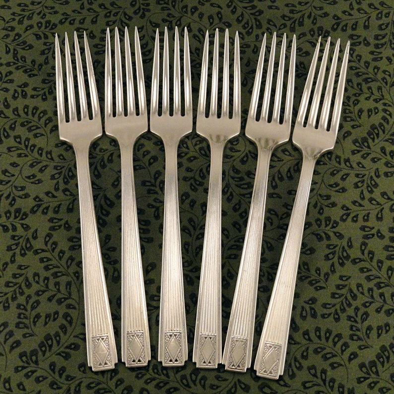 6 Art Deco Dinner Forks Oneida Community NOBLESSE 1930 Vintage Silver Plate Silverplate Flatware Silverware