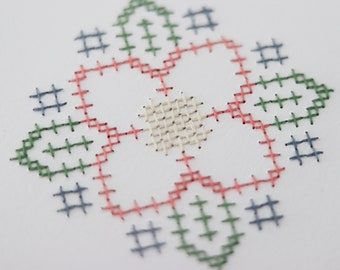 Hand Embroidered Paper - Cross Stitch Flower (more colours available)