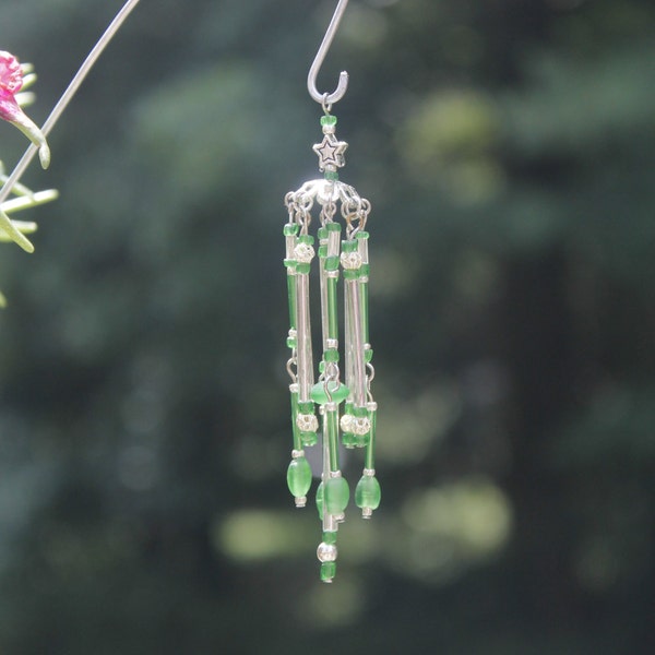 Miniature Fairy Garden Wind Chime, Dollhouse Windchime, Mini Garden Accessory, Green and Silver 010