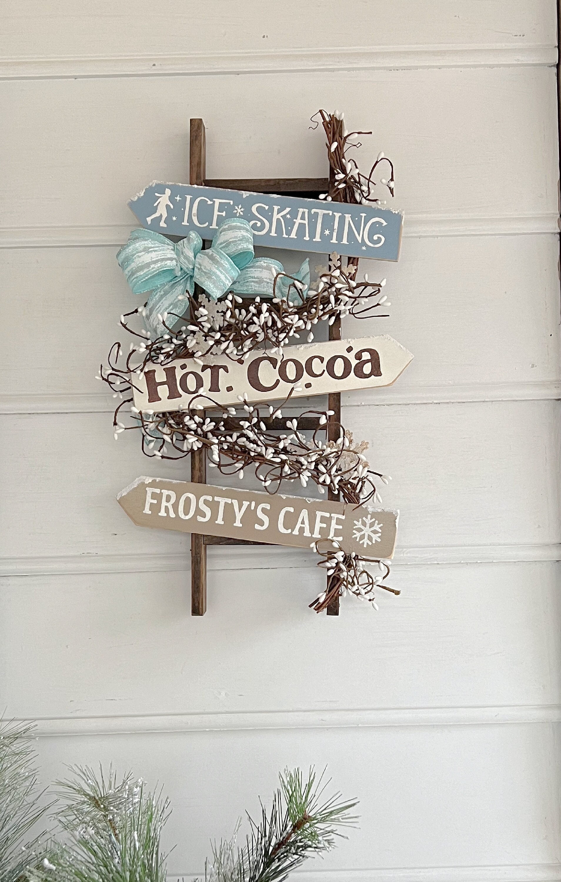 Winter Directional Sign Ladder: Farmhouse Porch Decor