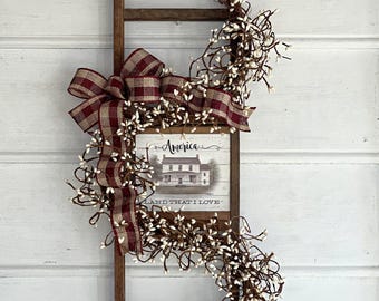 Americana Decor Ladder: Rustic Berry Garland, Patriotic Door Hanger