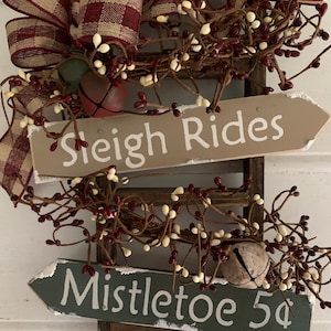 Farmhouse Christmas Ladder Decor: Pine Wood, Bells & Berries