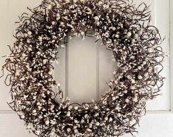 Ivory Berry Wreath: Farmhouse Porch Decor with Grapevine Base