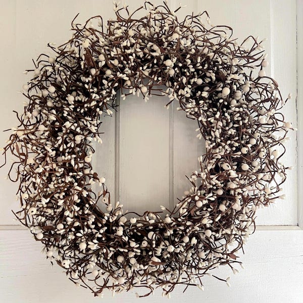 Ivory Berry Wreath: Farmhouse Porch Decor with Grapevine Base