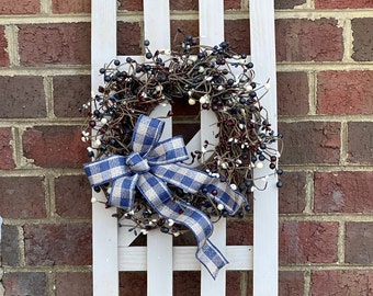 Everyday Americana Country Decor, Farmhouse Country Decor, Berry Wreath on Fence Country Decor, 4th of July Country Decor, Patriotic Decor