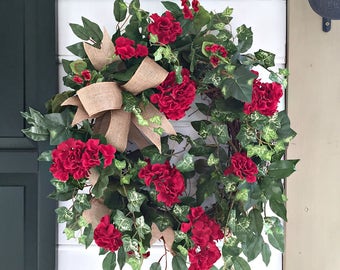 Summer Wreaths. Geranium Wreath. Spring Wreaths. Front Door Wreath. Porch Decor. Indoor Wreath.