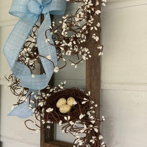 Rustic Farmhouse Ladder Decor: Bird Nest, Faux Berries, Blue Ribbon (20x9x4)