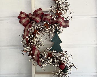 Christmas Ladder Decor: Pine, Berry Garland, Wooden Tree