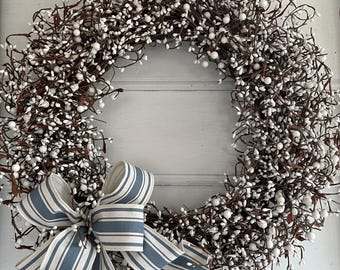 White Berry Wreath: 22&quot; Farmhouse Door Wreath with Blue Stripe Bow