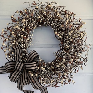 Ivory Berry Wreath: Farmhouse Porch Decor with Grapevine Base