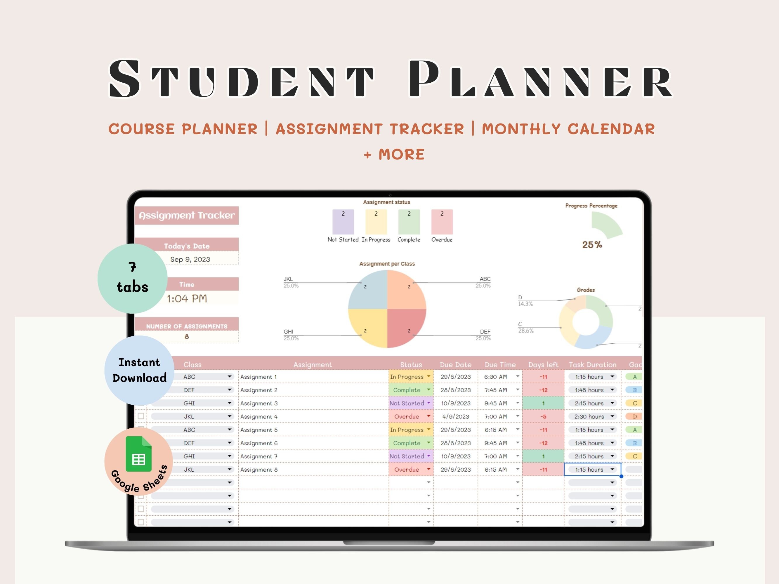 Student Planner Assignment Tracker School Spreadsheet Digital