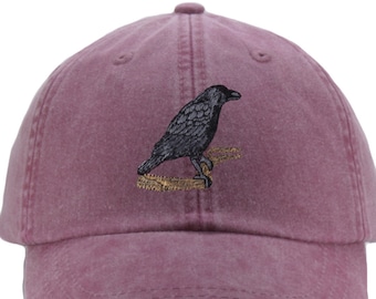 Crow embroidered baseball cap, adjustable dad hat for men and women, birding lover, black bird watcher gift, leather strap and buckle