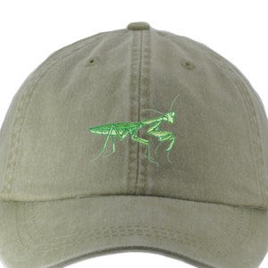 Praying Mantis embroidered dad hat, adjustable leather strap and buckle baseball cap, sun gardening hat, fits most adults,insect lover