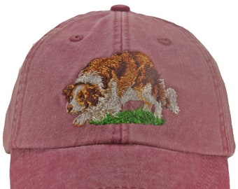 Border Collie embroidered baseball dad hat, dog mom lover gift, red sable, adjustable leather strap, low profile with cool crown lining