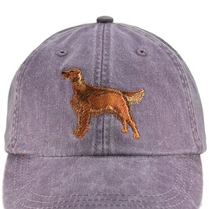 May include: A purple denim baseball cap with an embroidered brown Irish Setter dog.