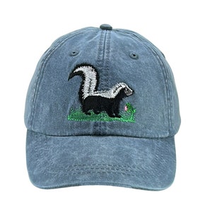 Skunk embroidered low profile dad hat, animal lover gift for mom, adjustable leather strap fits most adults, running, pole cat