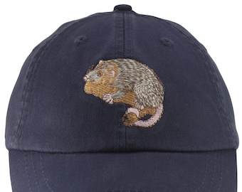 Opossum embroidered hat, baseball cap, dad hat, hiking, camping, beach, low profile, leather strap with adjustable buckle. possum