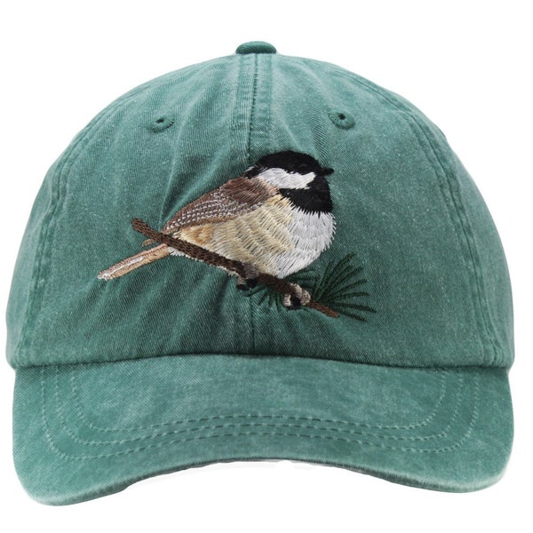 Chickadee embroidered hat, baseball cap, dad hat, black capped wildlife  bird watcher gift, adjustable leather strap with brass buckle