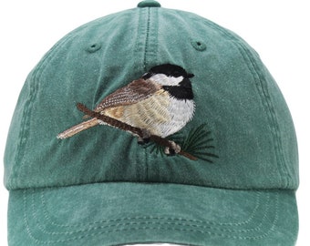 Chickadee embroidered hat, baseball cap, dad hat, black capped wildlife  bird watcher gift, adjustable leather strap with brass buckle