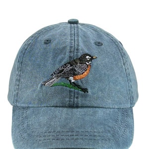 Robin embroidered baseball cap, low profile dad hat, bird watcher gift, red breast songbird, fits most adults, adjustable leather strap