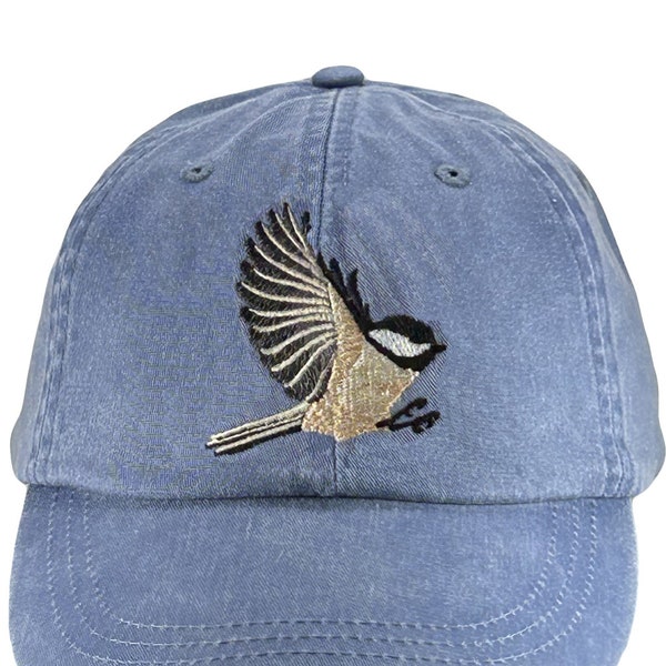 Black Capped Chickadee embroidered baseball cap, low profile dad hat, bird watcher gift, adjustable leather strap with brass buckle