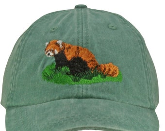 Red Panda embroidered baseball cap, low profile dad hat, fits men women and mom, adjustable leather strap with brass buckle, wildlife