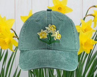 Daffodil flower embroidered hat, low profile unstructured dad hat, baseball cap, adjustable leather strap and buckle, fits most adults, gift