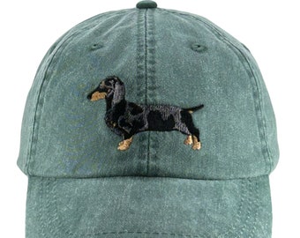 Dachshund embroidered baseball cap,  low profile dad hat, mom, weiner dog gift , black dappled doxie, adjustable leather strap and buckle