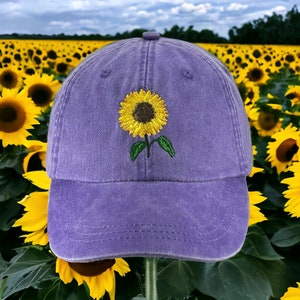 Sunflower embroidered baseball cap, yellow flower gardening hat, fall floral sun hat, adjustable leather strap fits men and women