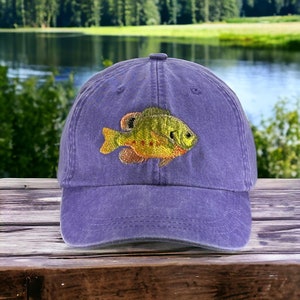 Blue gill embroidered hat, baseball cap, bluegill fish, fishing, fisherman hat, father's day, adjustable leather strap buckle image 1
