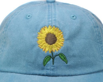 Sunflower embroidered baseball cap, yellow flower gardening hat, fall floral sun hat, adjustable leather strap fits men and women
